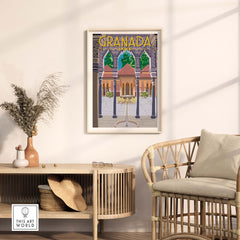 Granada poster print featuring vintage-inspired design, displayed in a stylish home setting with modern decor.