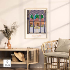 Granada Spain poster print displayed in a stylish living room setting, showcasing vintage travel art.