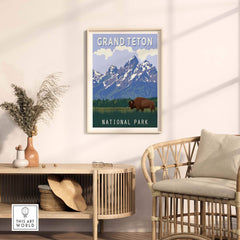 Grand Teton National Park print featuring mountains and bison in a stylish living room setting.