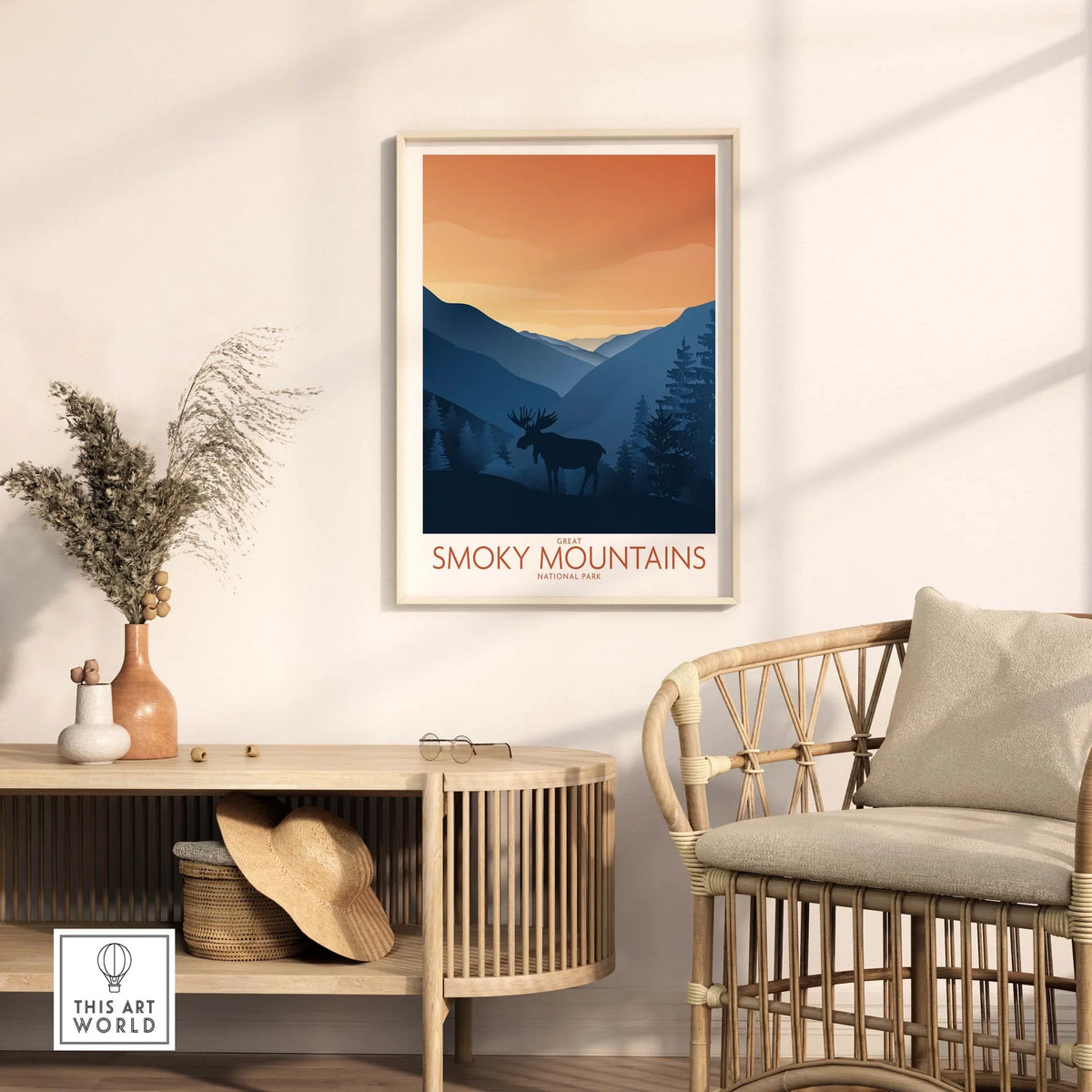 Smoky Mountains National Park art print featuring minimalist design and elk in a styled living room.