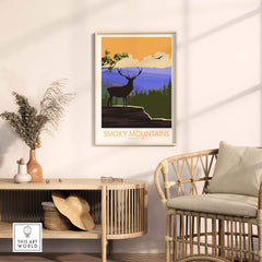 Great Smoky Mountains poster with a silhouette of a deer against a colorful landscape in a stylish home interior.