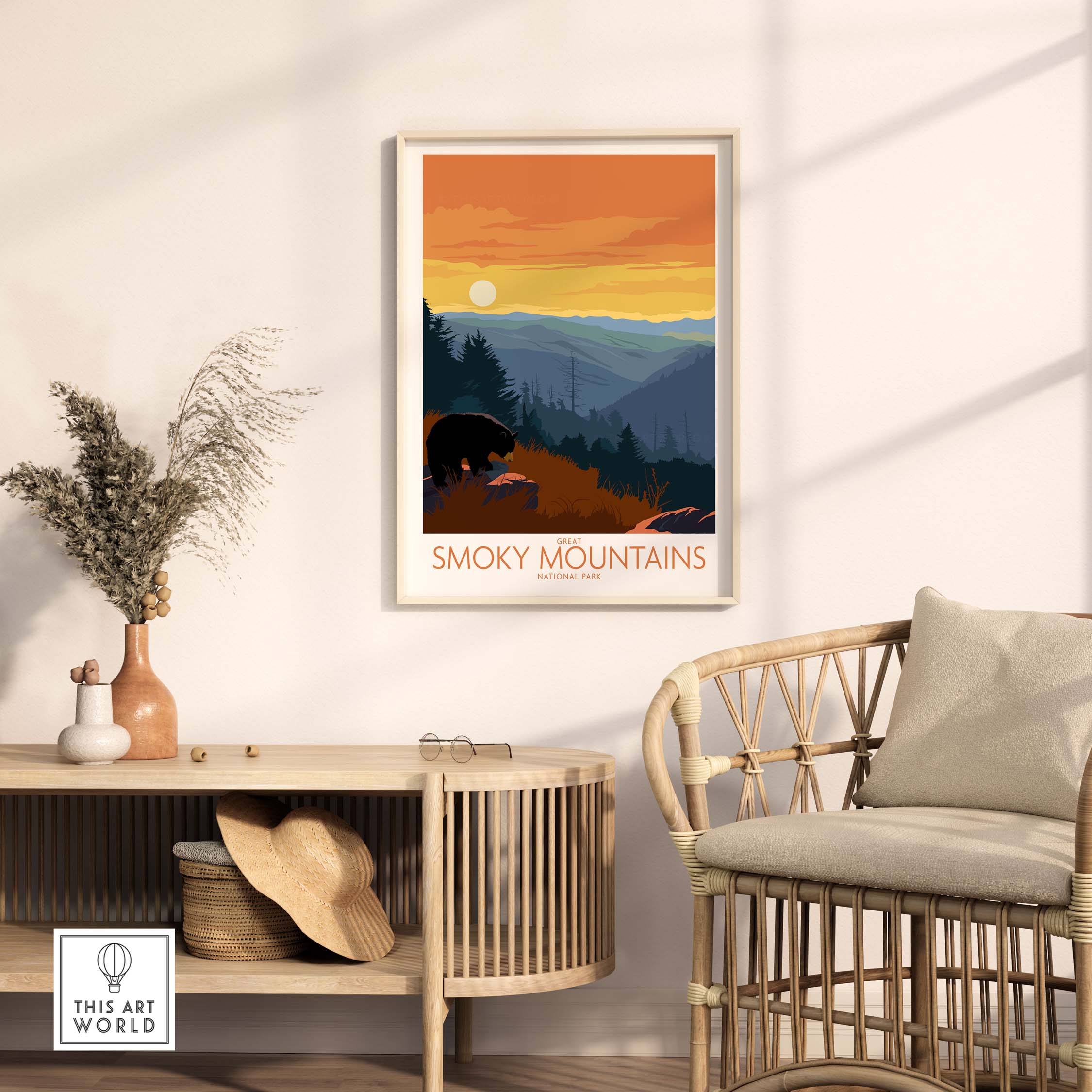 Smoky Mountains poster print featured in a stylish home setting with cozy decor.