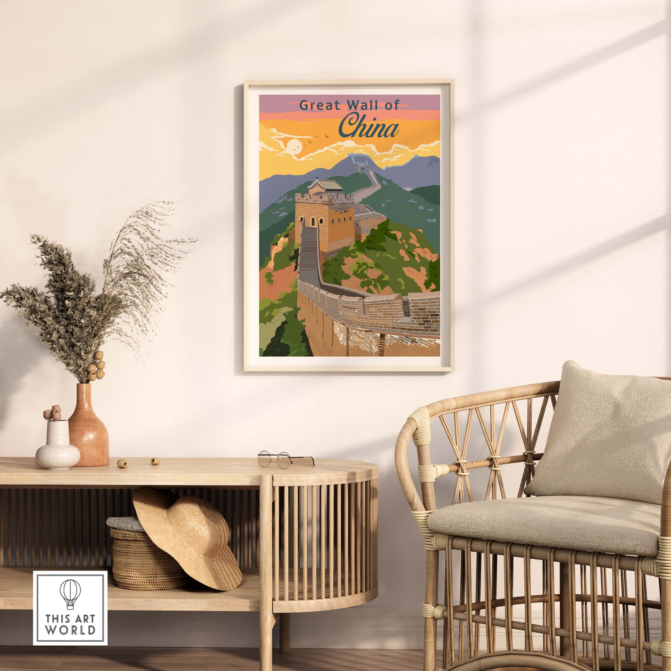 Great Wall of China poster print in a stylish living room setting, framed artwork showcasing vintage travel vibes.