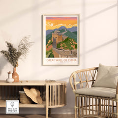 Great Wall of China print artwork displayed in a stylish living room setting with modern decor.