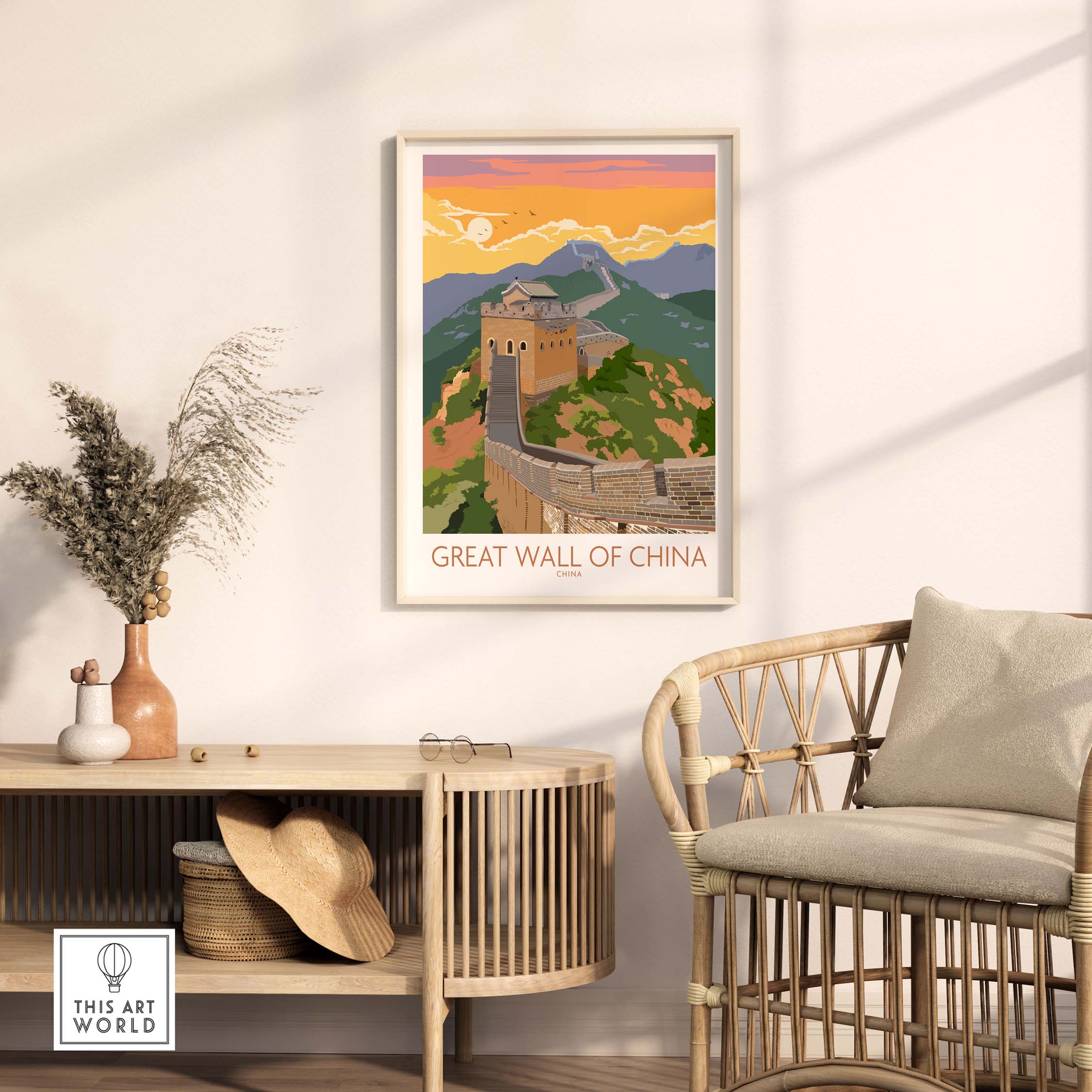 Great Wall of China print artwork displayed in a stylish living room setting with modern decor.