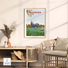 Vintage Hamburg poster showcasing a scenic view of Germany's skyline, perfect for home or office decor.