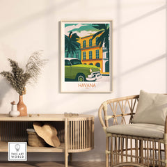 Havana Cuba poster print featuring vintage car and tropical setting, ideal for stylish home decor.