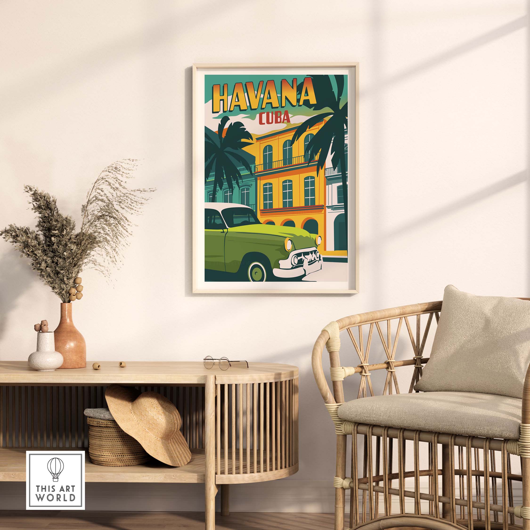 Havana Print Cuba Poster showcasing a vintage car and colorful buildings, perfect for home or office decor.