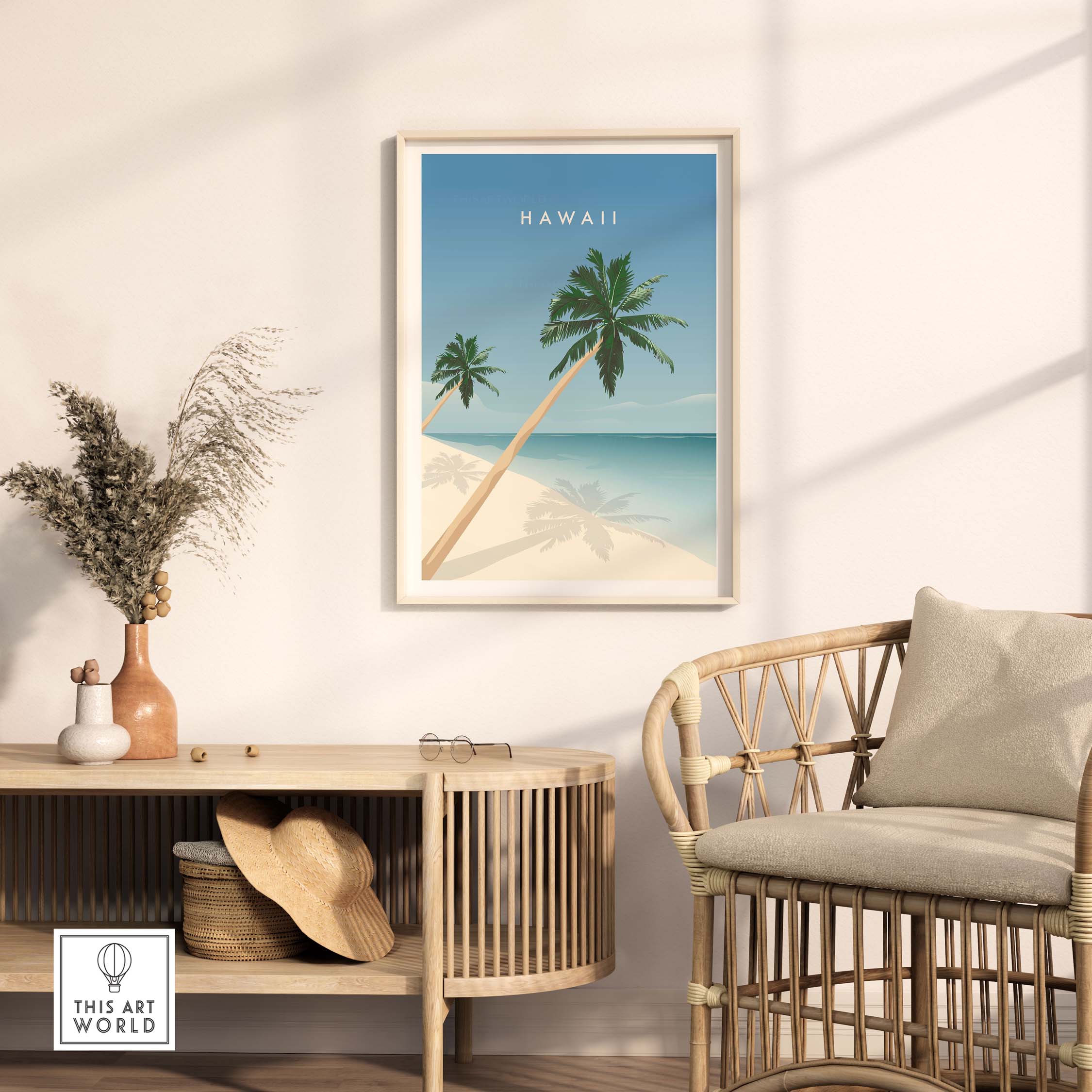 Hawaii Wall Art Poster featuring palm trees and beach in a stylish living room setting.