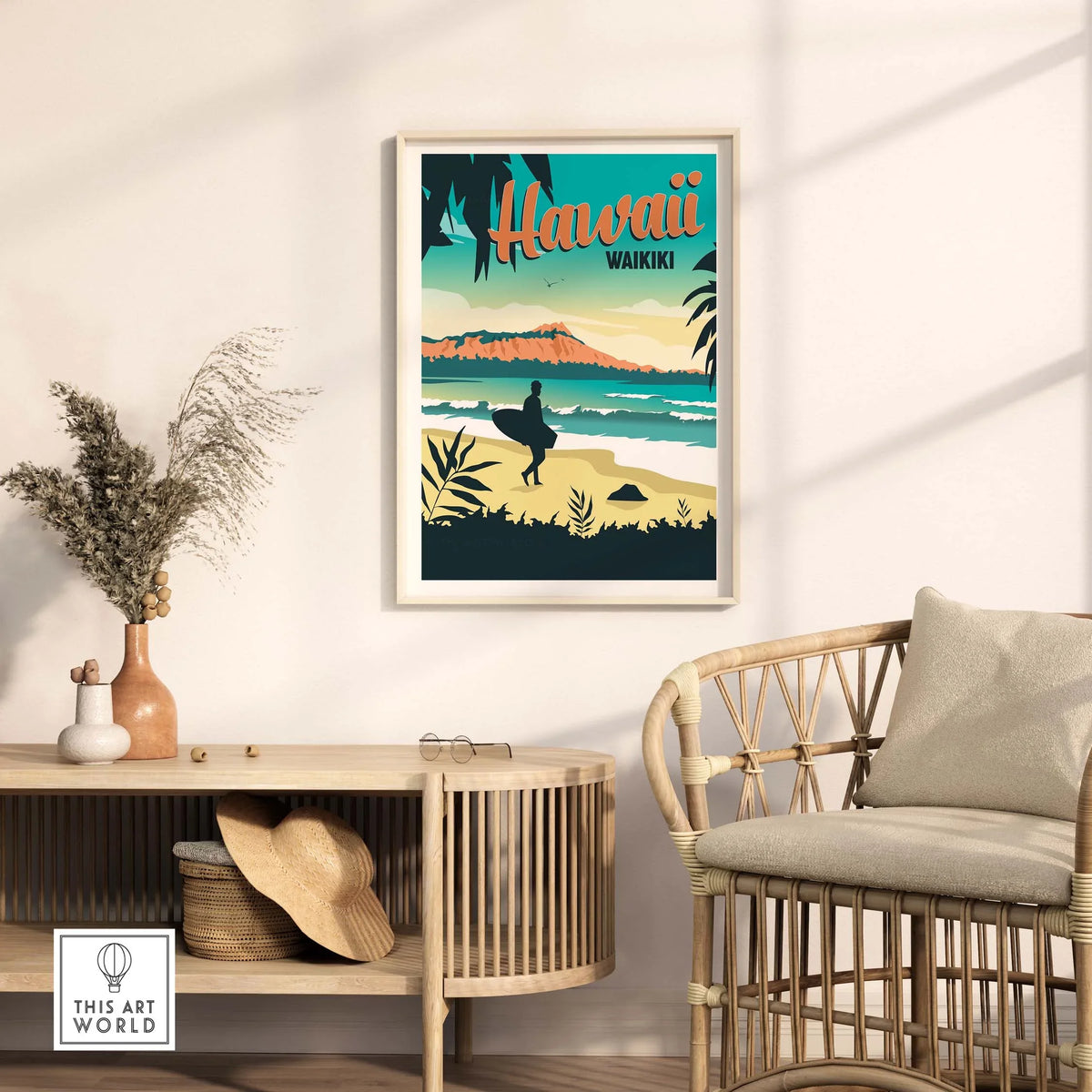 Hawaii Waikiki poster wall art print displayed in a stylish living room setting with natural decor.