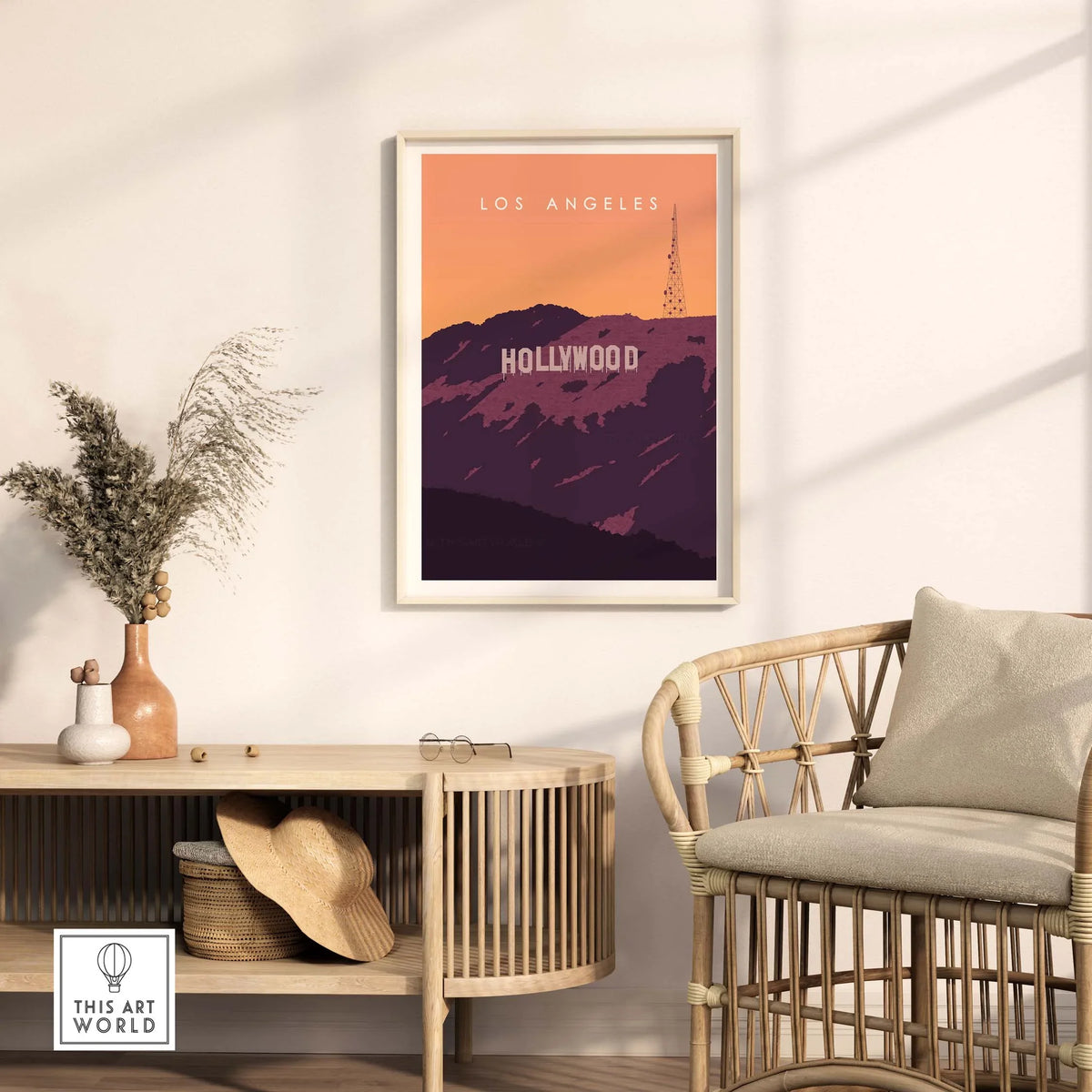 Hollywood Sign Print Wall Art Poster in modern living room decor, featuring vintage Los Angeles travel art.