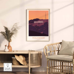 Hollywood Print California Poster featuring the iconic Hollywood sign against a sunset backdrop.
