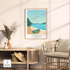 Honduras Poster Caribbean Print featuring a serene beach scene, perfect for travel-inspired wall art in any space.