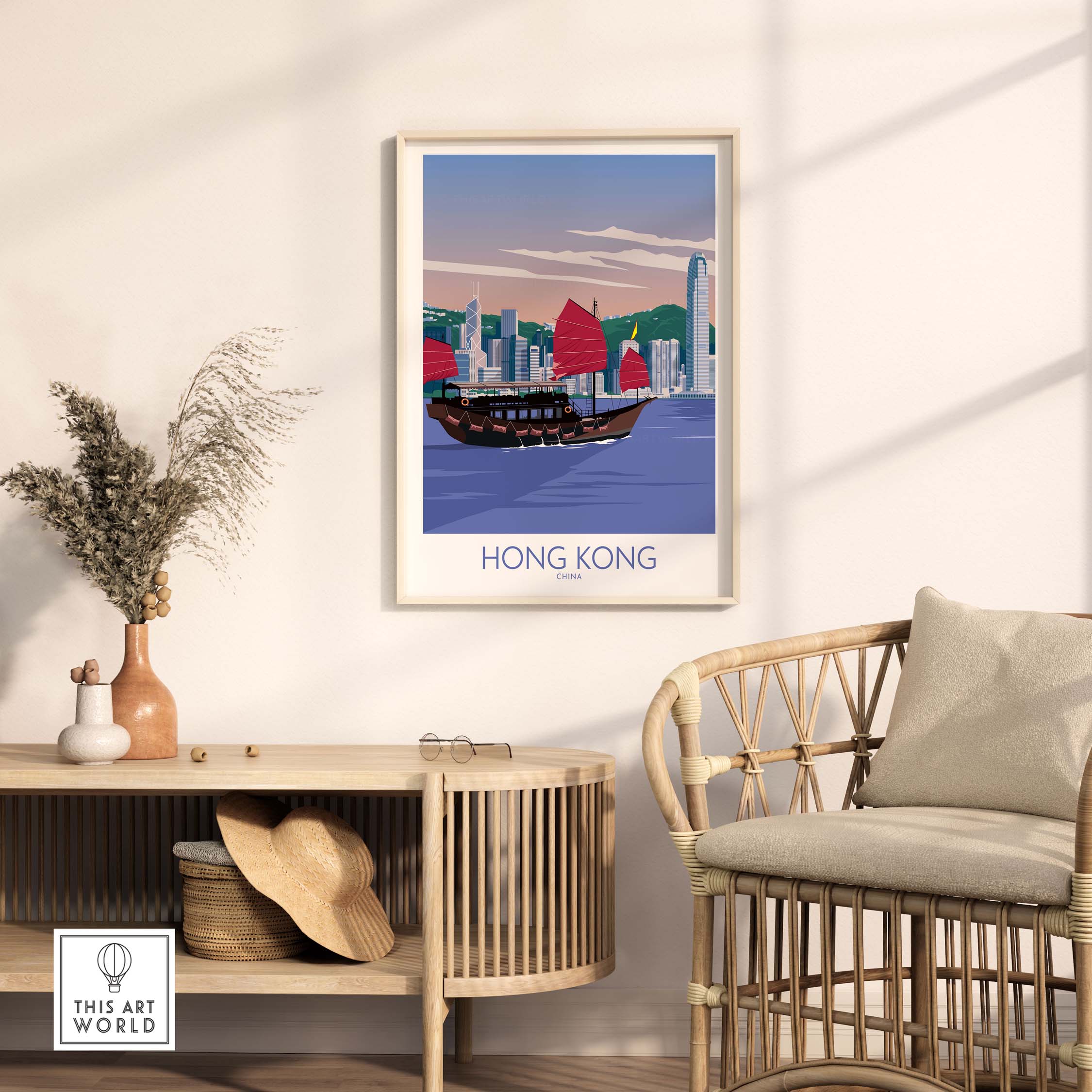 Hong Kong travel poster featuring a boat and skyline in a minimalist style. Perfect wall art for home or office.
