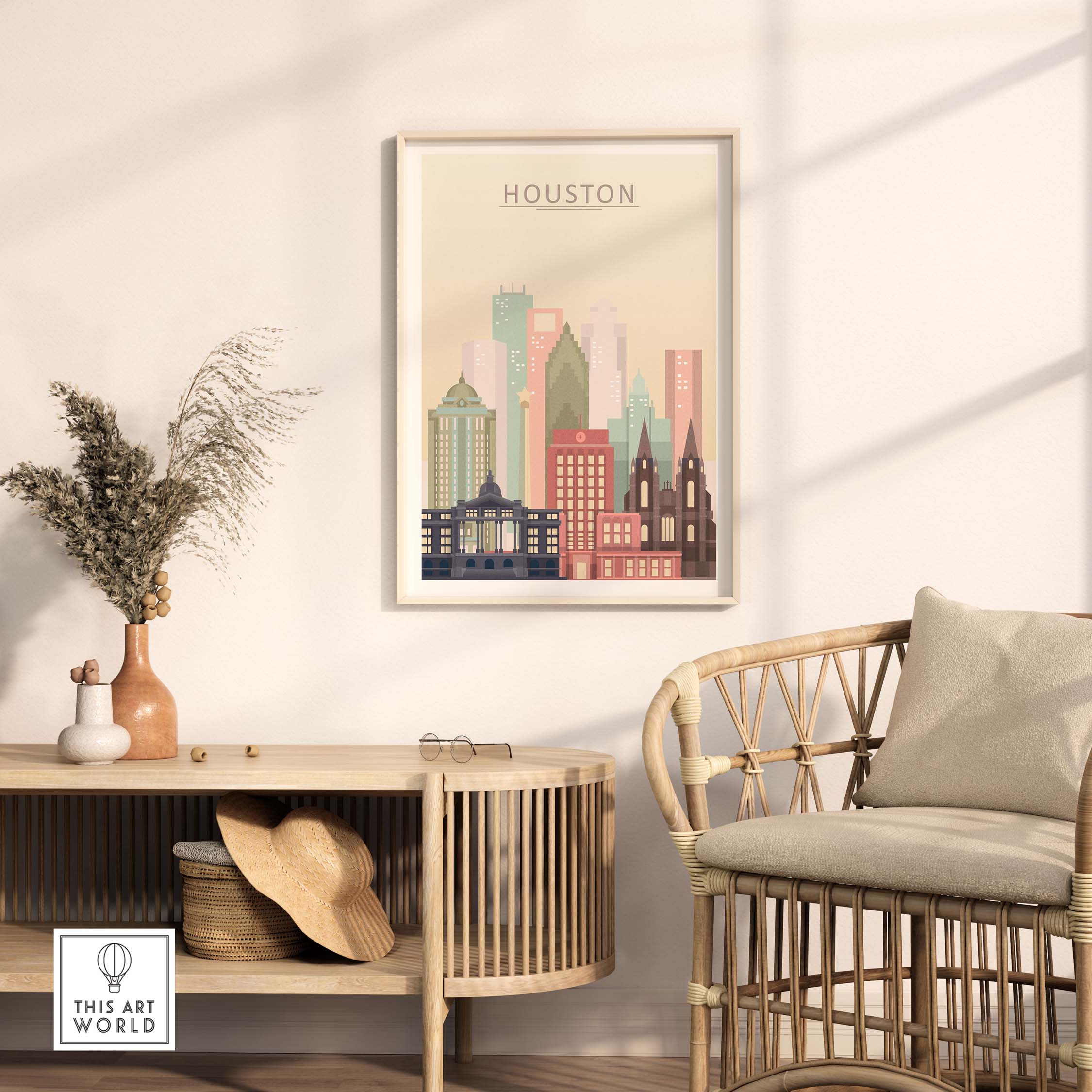 Houston skyline print in pastel colors, stylish wall art decor for home or office featuring iconic architecture.