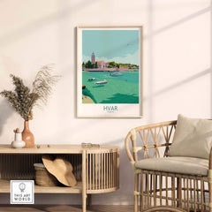Hvar Print Croatia Travel Poster featuring Dalmatian Coast scene, perfect for stylish home or office decor.