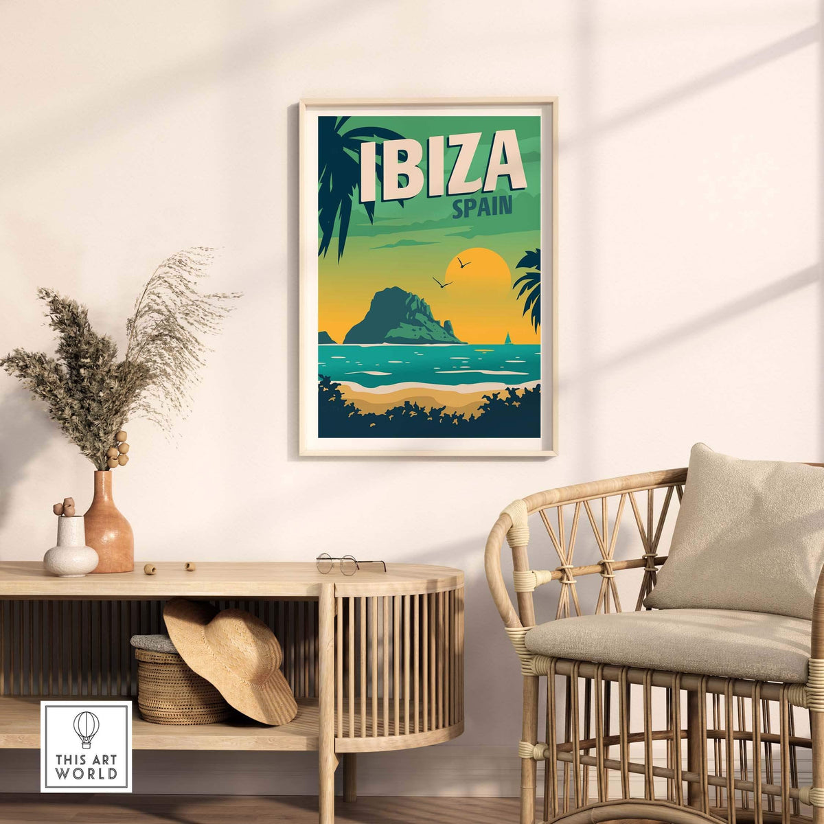 Vintage-inspired Ibiza poster wall art print featuring coastal scenery and tropical vibes.