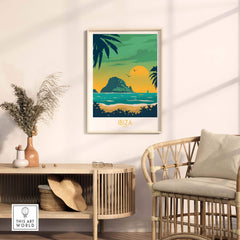 Ibiza Print Travel Poster showcasing vibrant tropical scenery, perfect for trendy home or office decor.