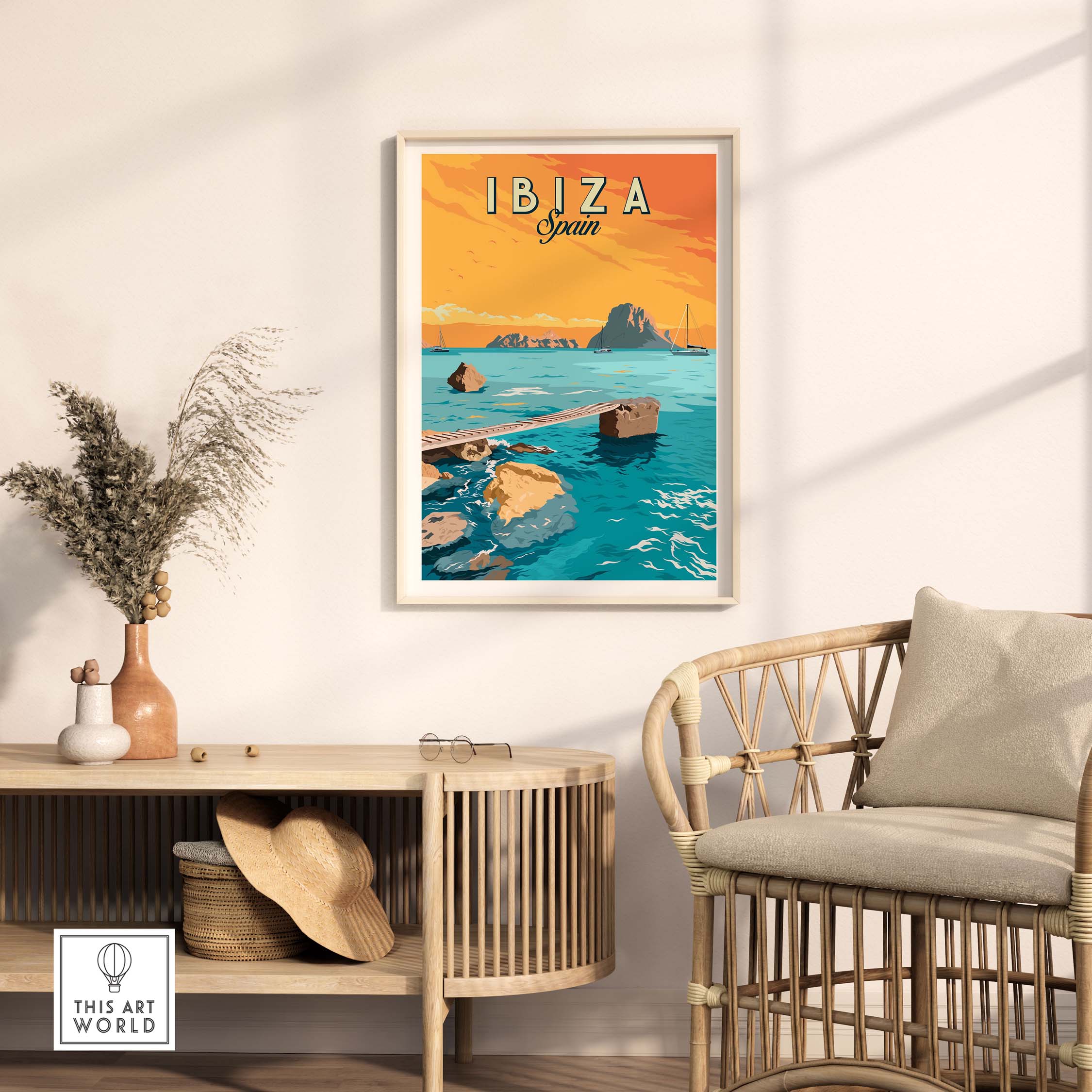 Ibiza Spain sunset poster featuring a scenic ocean view, perfect for travel-inspired home decor.