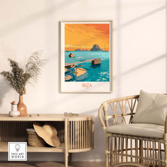 Ibiza Island wall art poster featuring a vibrant sunset over the ocean, perfect for travel-inspired decor.