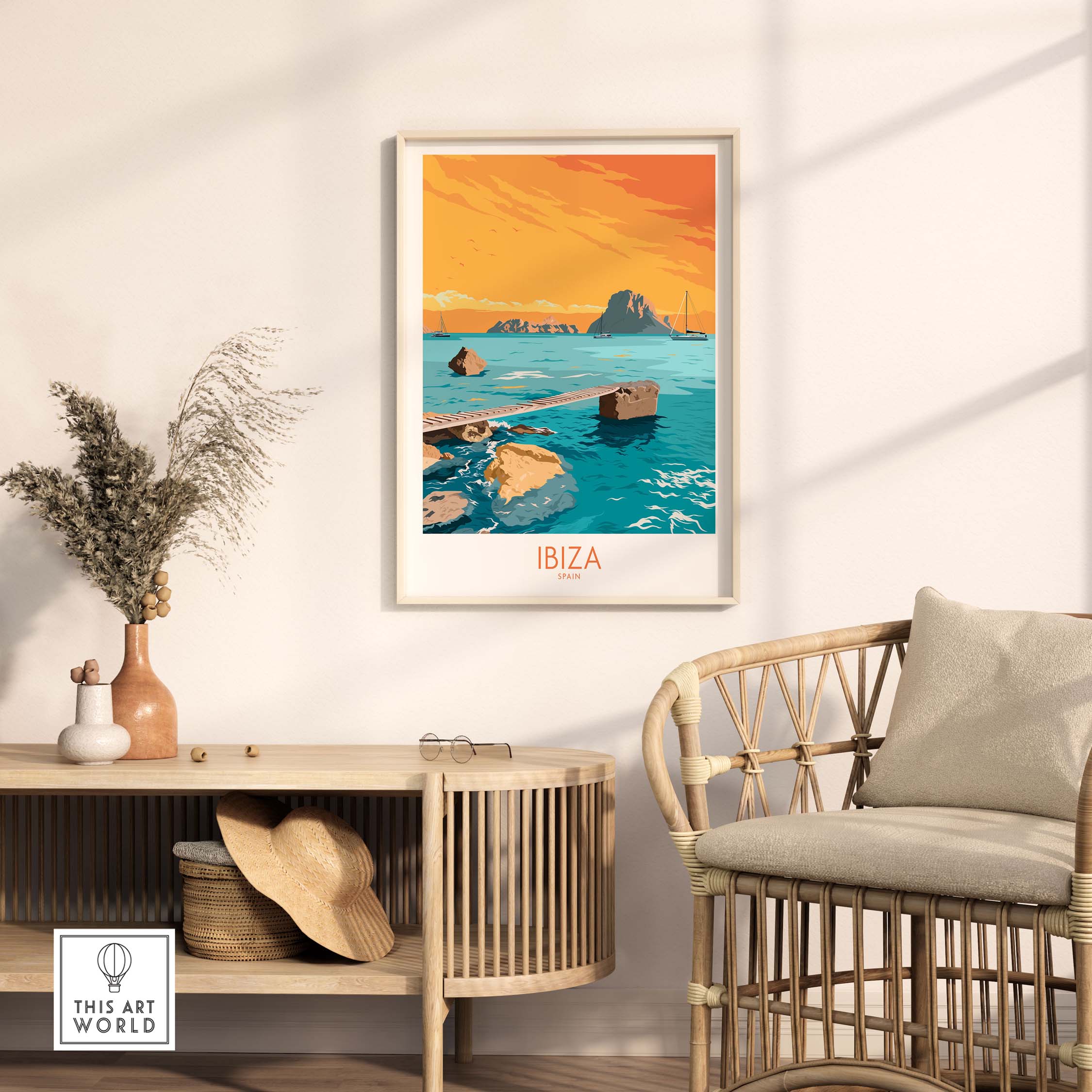 Ibiza Island wall art poster featuring a vibrant sunset over the ocean, perfect for travel-inspired decor.