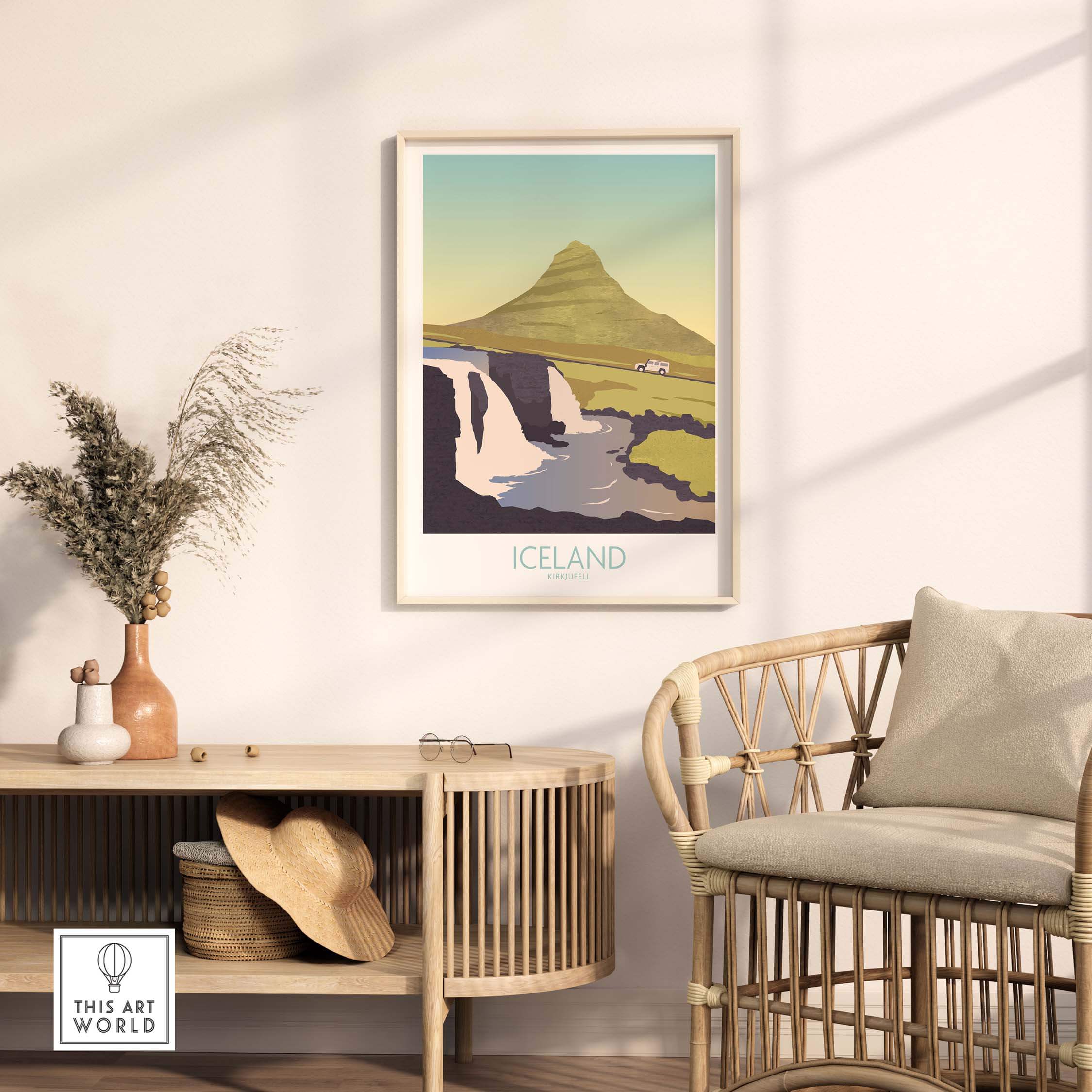 Iceland Print Travel Poster featuring a scenic landscape with a waterfall, framed in a modern interior setting.