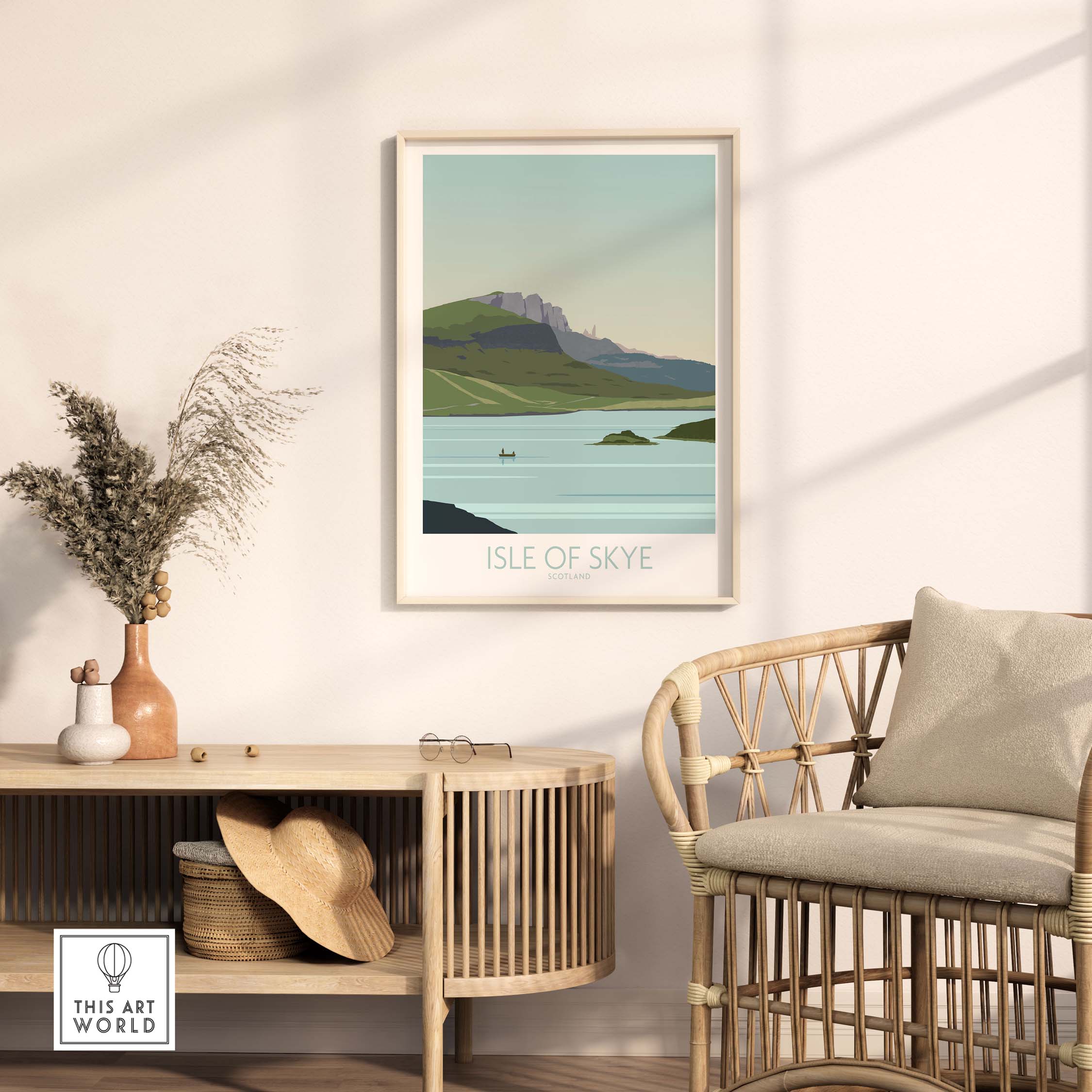 Isle of Skye poster print displayed in a modern living room setting with natural decor.