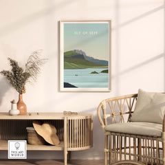 Isle of Skye poster print displayed in a stylish home setting with scenic landscape view and modern decor.
