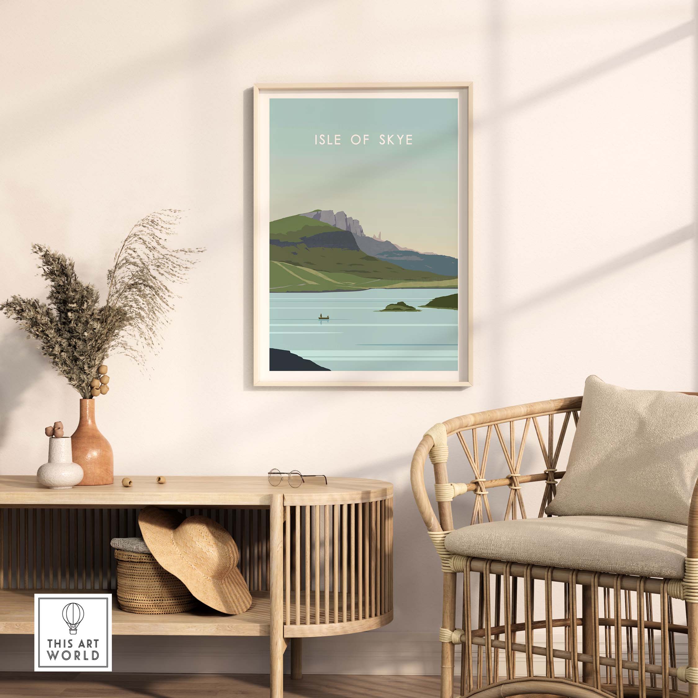 Isle of Skye poster print displayed in a stylish home setting with scenic landscape view and modern decor.