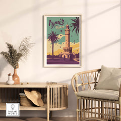Izmir Print Turkey Travel Poster featuring the colorful clock tower and palm trees, perfect home decor for wanderlust lovers.