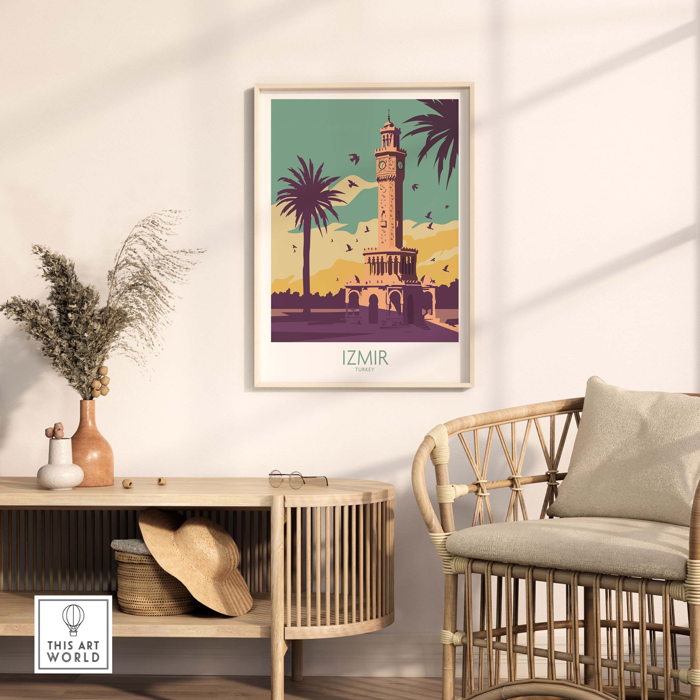 Izmir Poster Turkey Wall Art displayed in a stylish living room, featuring vintage design and palm trees.