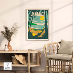 Jamaica Print Beach Poster showcasing a serene landscape with palm trees and sunset, ideal for home or office decor.