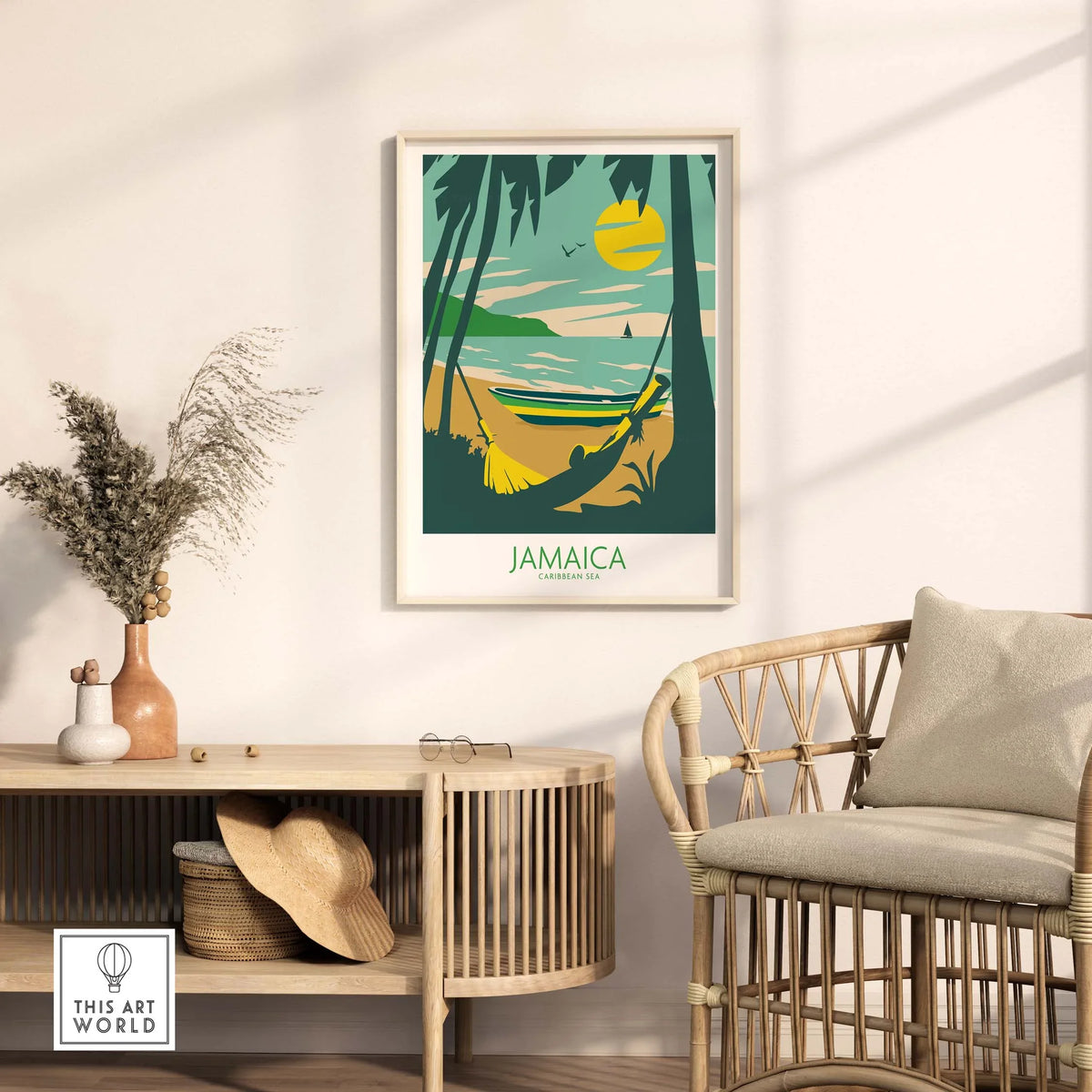 Stylish Jamaica Retro Poster in a modern living room with rattan furniture and greenery.