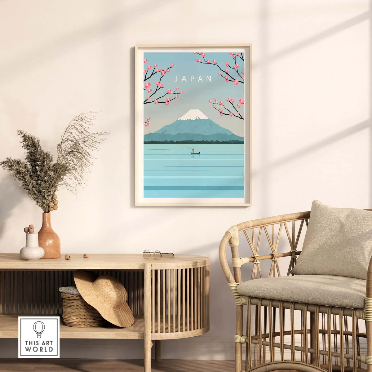 Mount Fuji wall art poster with cherry blossoms, depicting serene Japan scenery in a stylish interior setting.