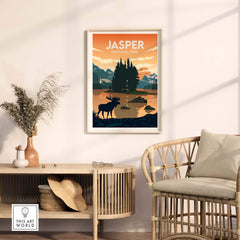 Jasper National Park poster featuring a moose in a minimalist design, perfect for travel lovers and nature enthusiasts.