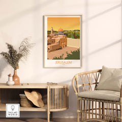 Jerusalem Wall Art Poster in stylish living room setting showcasing historic architecture and warm color palette.