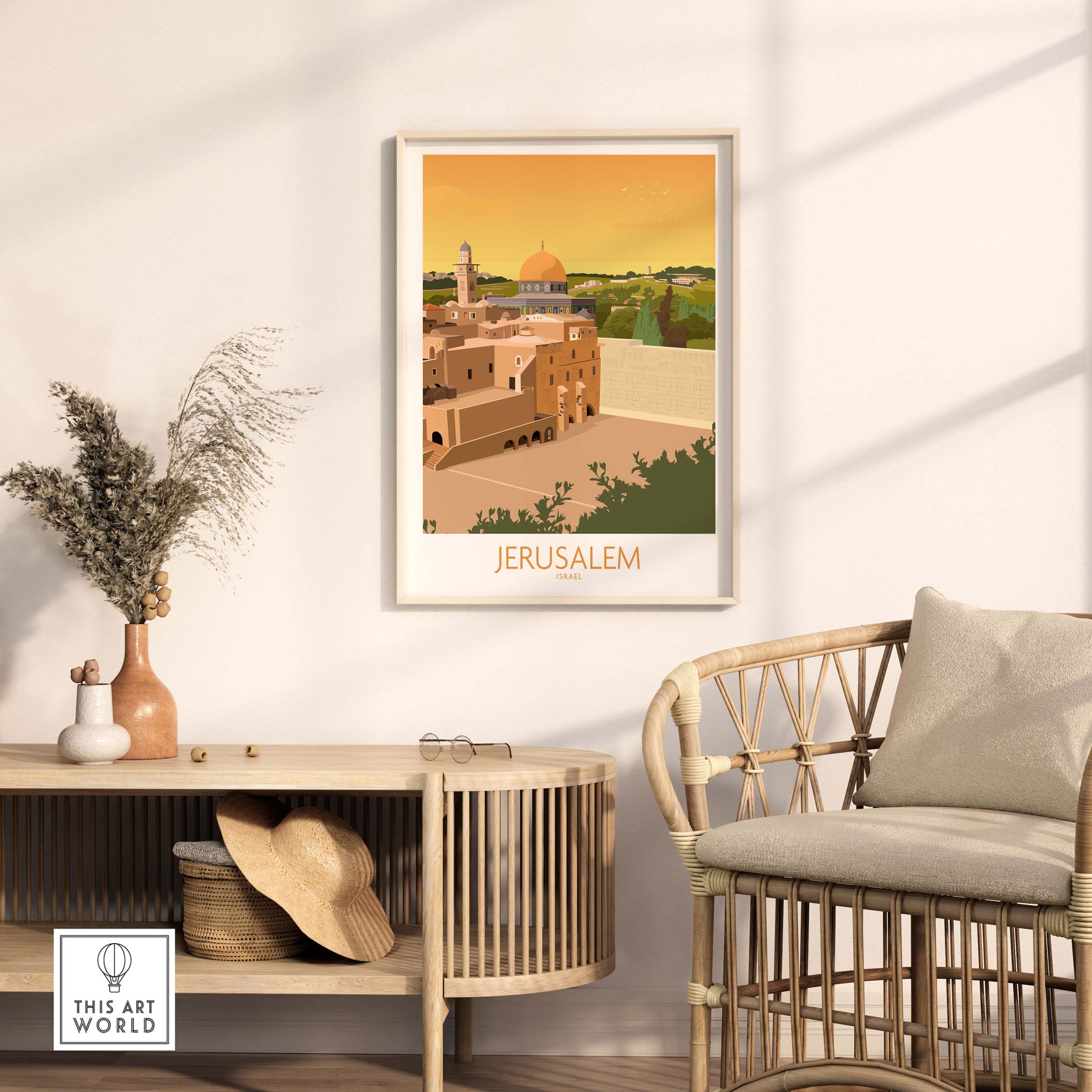 Jerusalem Wall Art Poster in stylish living room setting showcasing historic architecture and warm color palette.