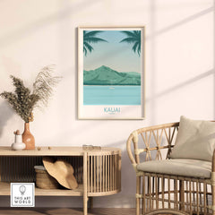 Kauai Print Hawaii Island Beach Poster displayed in a stylish interior setting with rattan furniture and tropical decor.