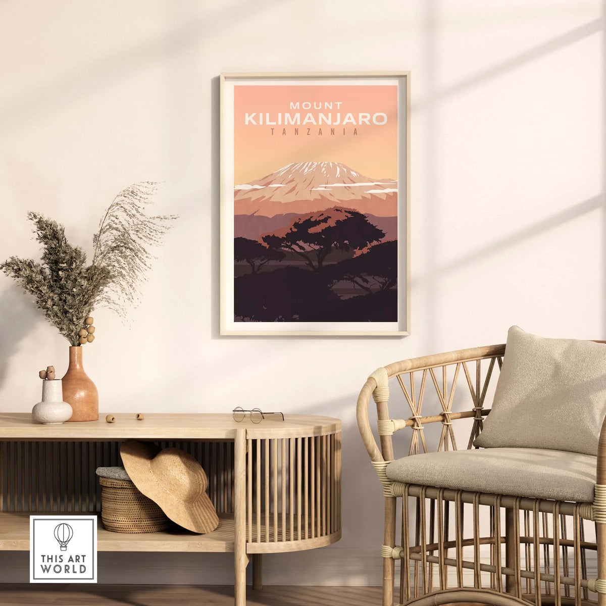 Mount Kilimanjaro vintage travel wall art poster displayed in a stylish living room setting.