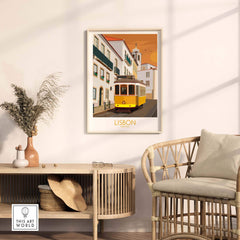 Lisbon poster print featuring a vintage yellow tram in a stylish living room setting, perfect for home decor.