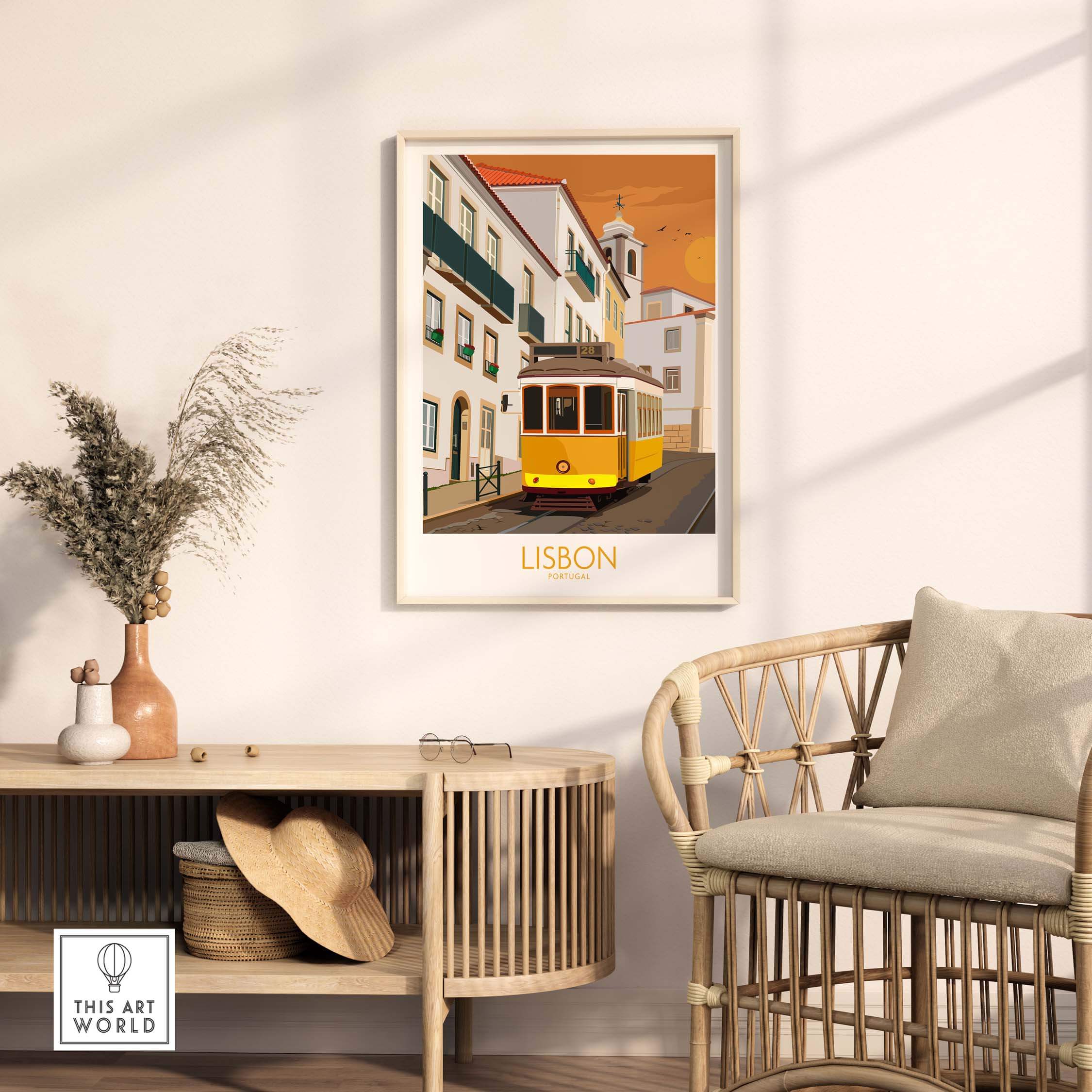 Lisbon poster print featuring a vintage yellow tram in a stylish living room setting, perfect for home decor.