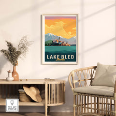 Lake Bled Print Slovenia framed artwork featuring a serene landscape and vintage travel poster design.