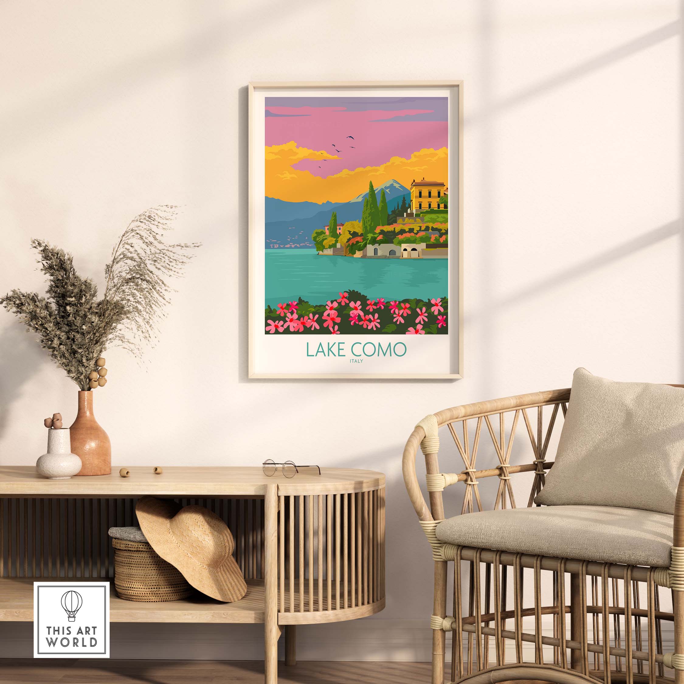 Lake Como vintage travel poster framed, featuring serene lake scenery and flowers, styled in a minimalist home setting.