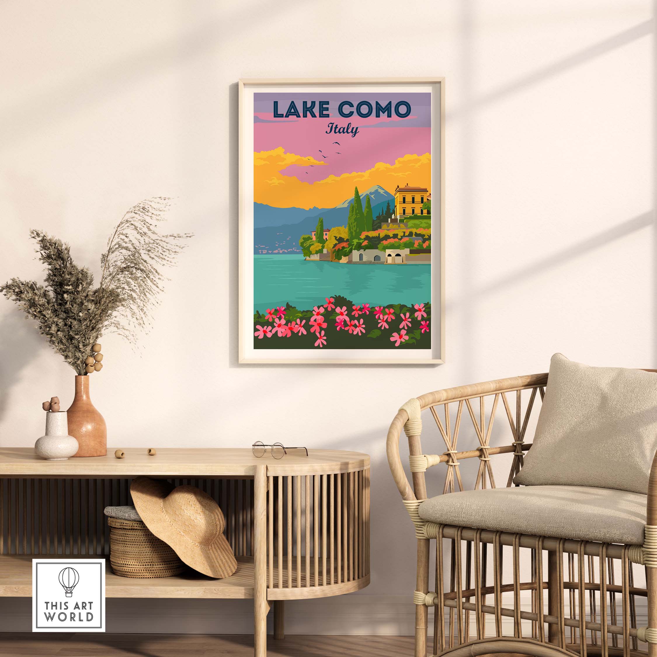 Lake Como Italy wall art in minimalist style, framed print featuring vibrant colors and floral elements, ideal for home decor.