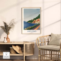 Lake Como wall art print in a stylish interior, showcasing vintage travel vibes and a scenic view of Italy.