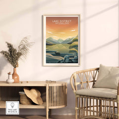 Lake District National Park poster displayed in a cozy room, showcasing minimalist nature art on wall.