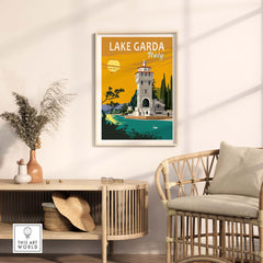 Lake Garda print poster featuring a vintage-inspired design with a lakeside tower in Italy.