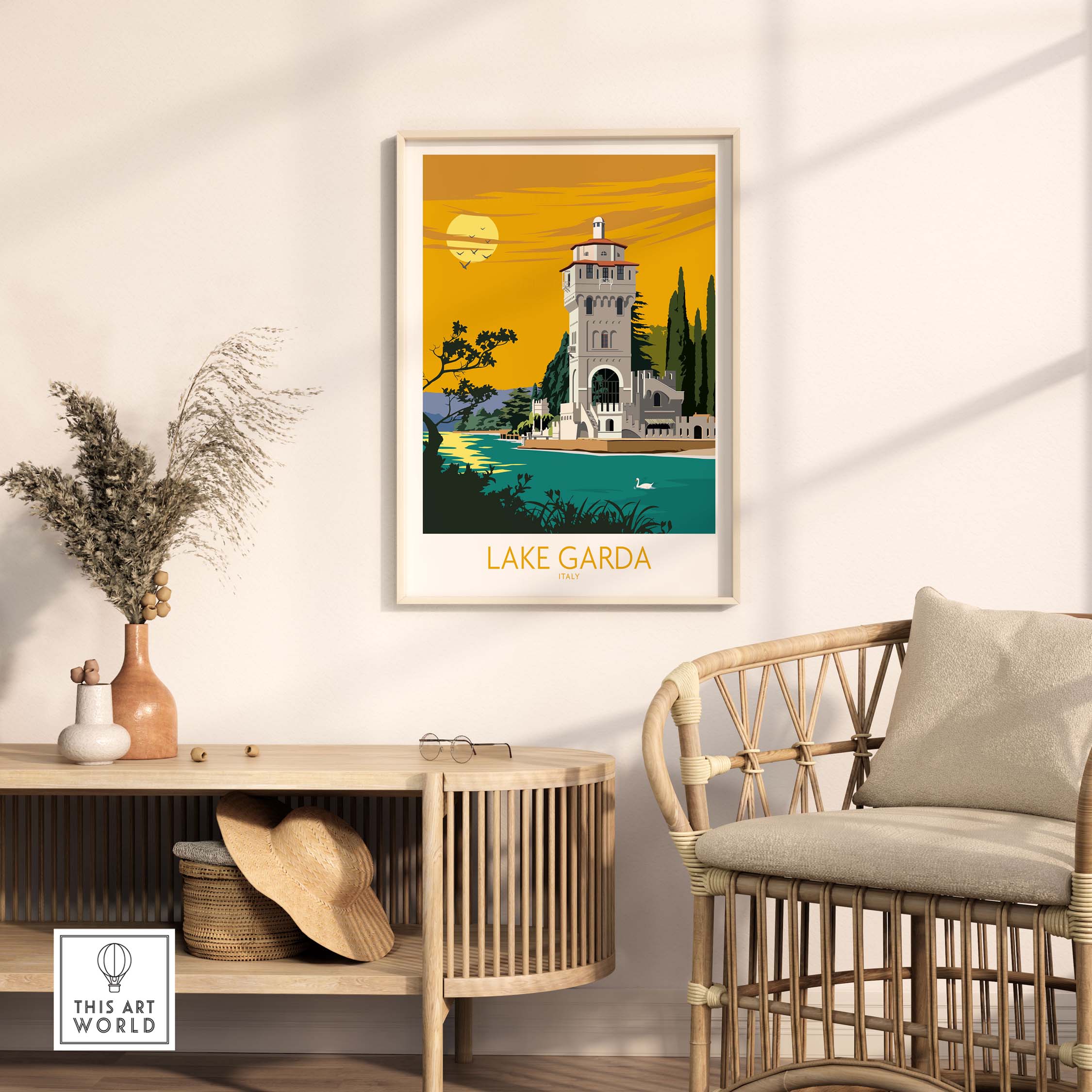 Lake Garda Italy poster print displayed in a stylish home setting, featuring vintage-inspired travel art.