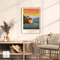 Lake Geneva art print in a stylish living room, featuring vintage travel poster design, perfect for home decor.