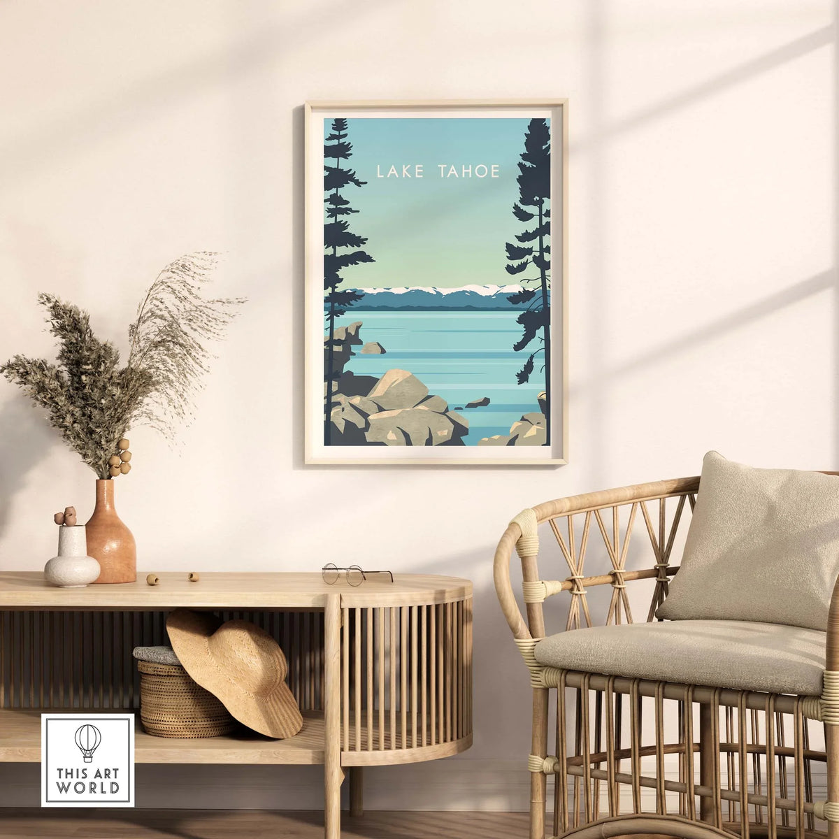 Lake Tahoe vintage travel poster displayed in a stylish living room with natural decor.